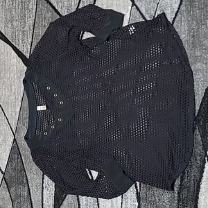 PER SEPTION CONCEPT BLACK MESH FISHNET V-NECK GROMMETS HALF-SLEEVE SHIRT